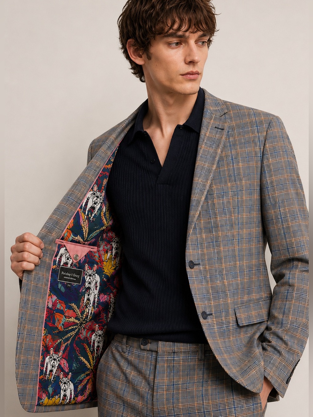 Paisley & Gray Slim Fit Plaid Blazer with Bulldog Print Lining – Size 42R